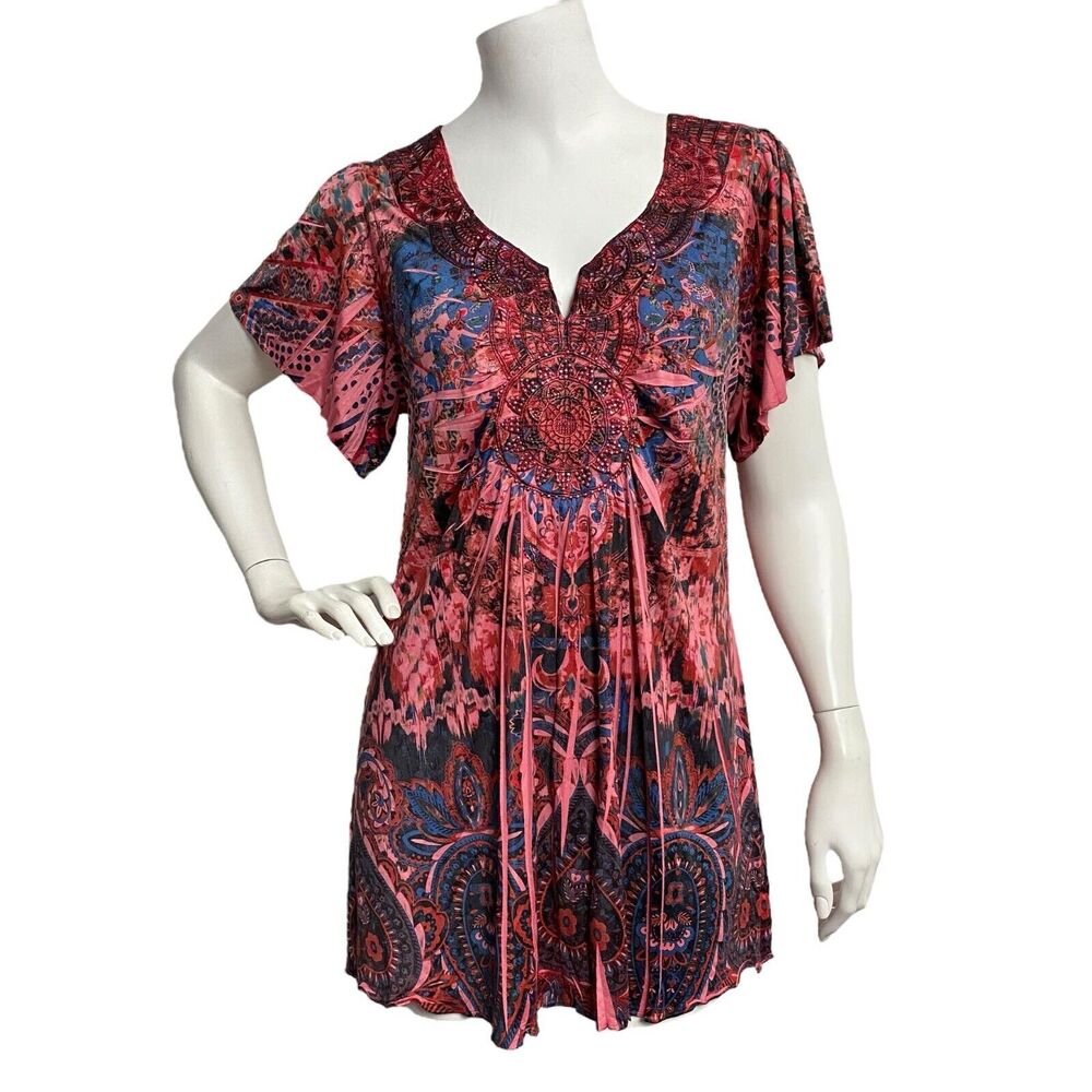 Covington‎ Women's Cherry Missy Sublimation Top Blouse Size L NWT Artsy Print